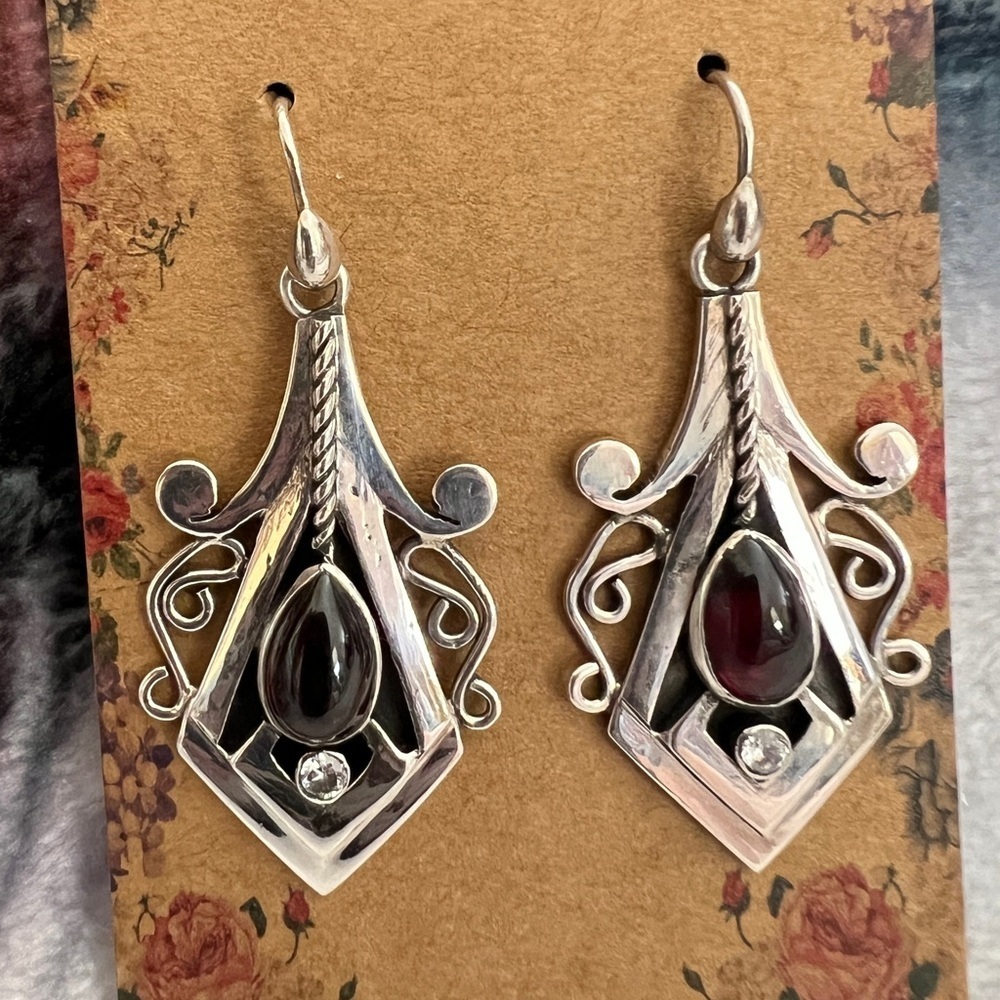 ❤️ Garnet Sterling 925 Earrings 10.3gms Art-Deco Boho Ethnic Theme 1970’s - Picture 4 of 10